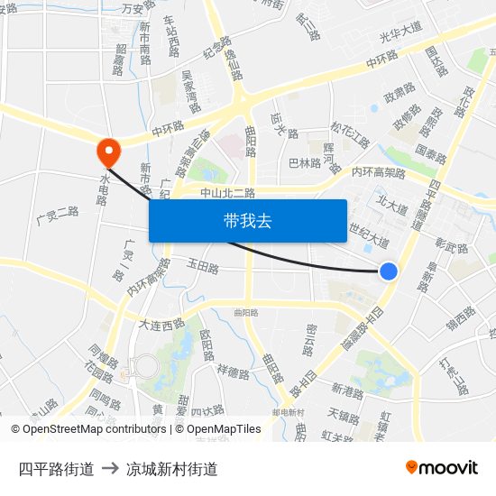 四平路街道 to 凉城新村街道 map