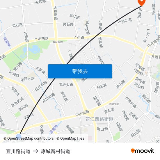宜川路街道 to 凉城新村街道 map