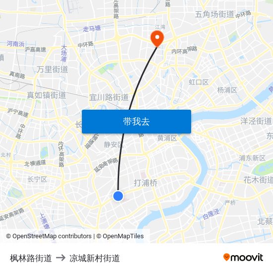 枫林路街道 to 凉城新村街道 map