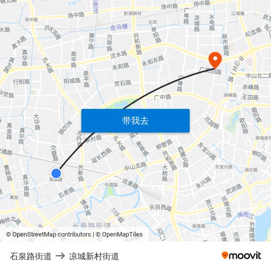 石泉路街道 to 凉城新村街道 map