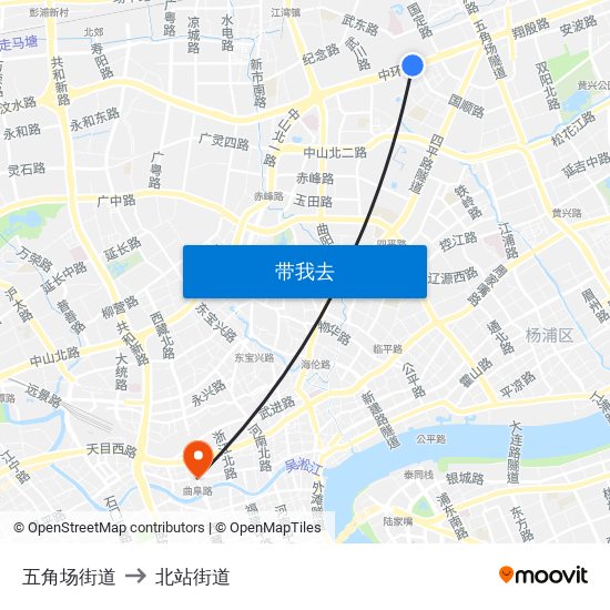 五角场街道 to 北站街道 map