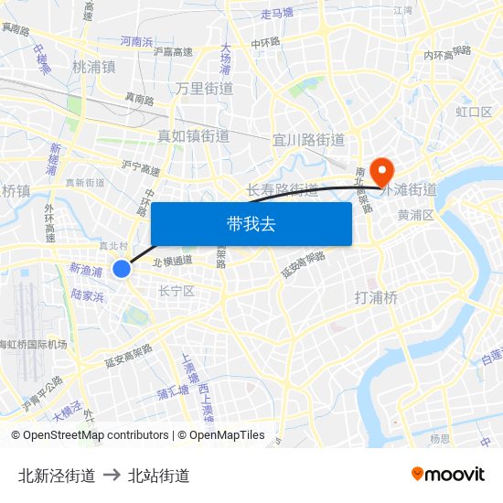 北新泾街道 to 北站街道 map