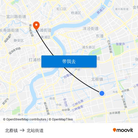 北蔡镇 to 北站街道 map