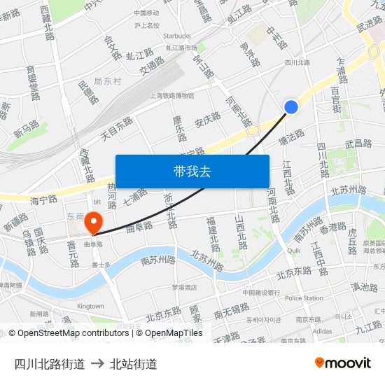 四川北路街道 to 北站街道 map