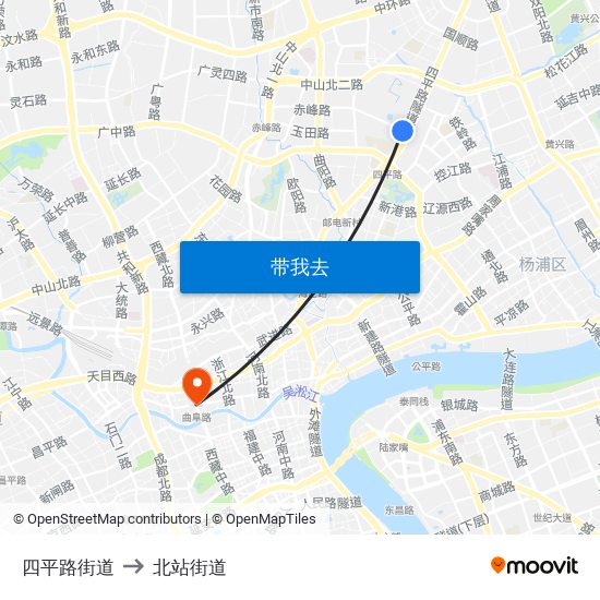 四平路街道 to 北站街道 map