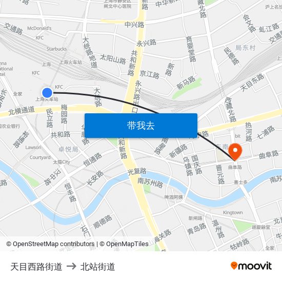 天目西路街道 to 北站街道 map