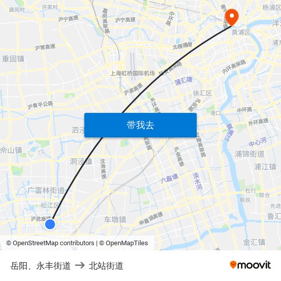 岳阳、永丰街道 to 北站街道 map