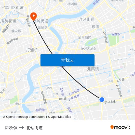 康桥镇 to 北站街道 map