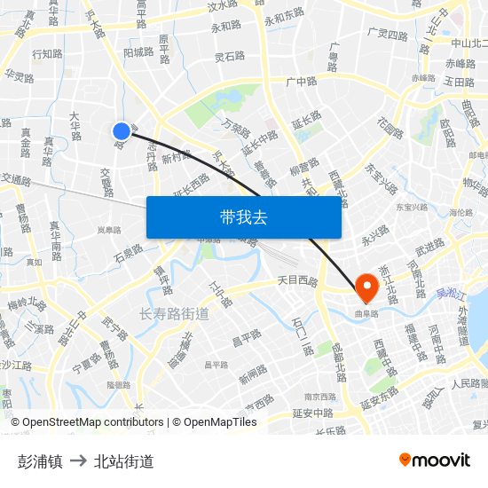 彭浦镇 to 北站街道 map