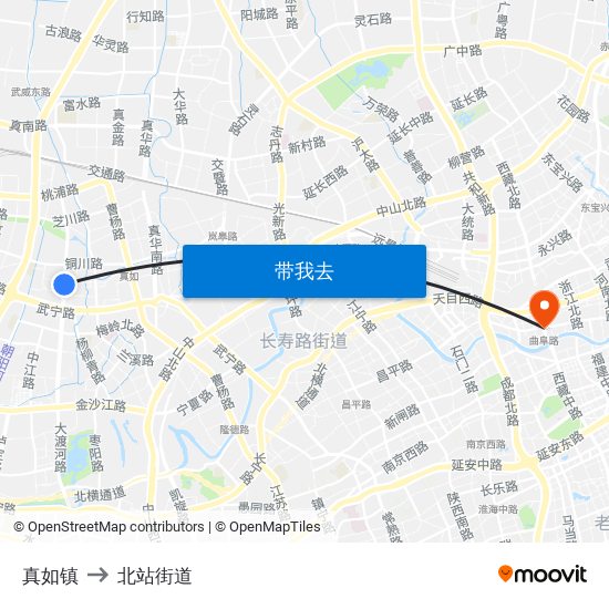 真如镇 to 北站街道 map