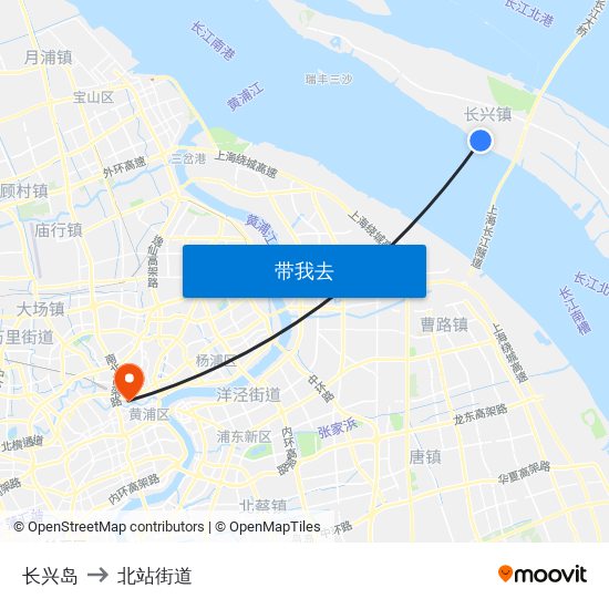 长兴岛 to 北站街道 map