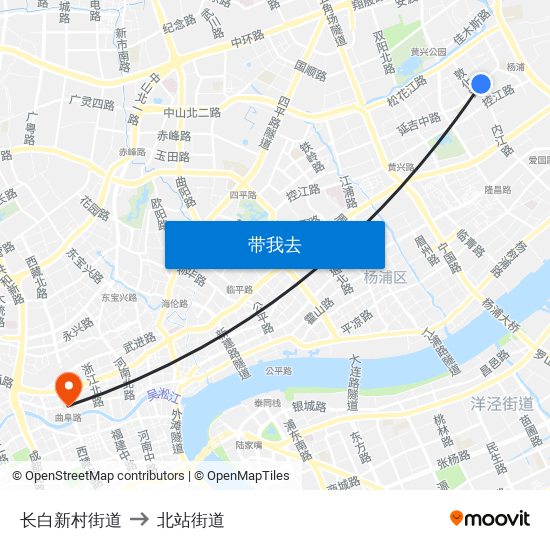 长白新村街道 to 北站街道 map
