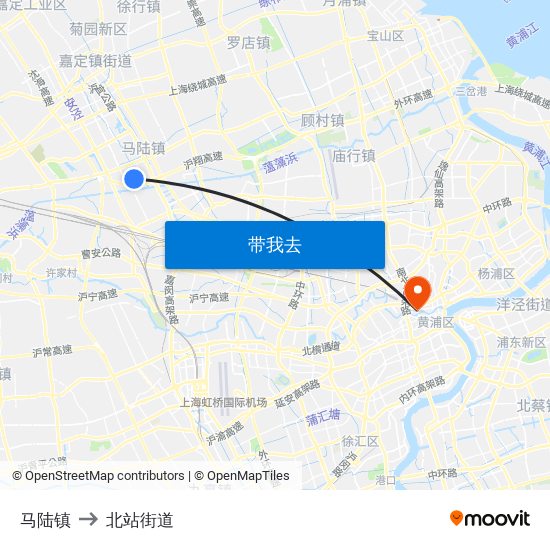 马陆镇 to 北站街道 map