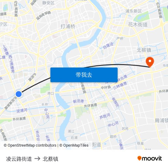 凌云路街道 to 北蔡镇 map