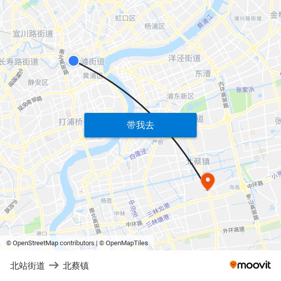 北站街道 to 北蔡镇 map