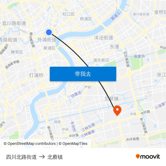 四川北路街道 to 北蔡镇 map