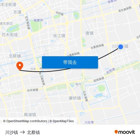 川沙镇 to 北蔡镇 map