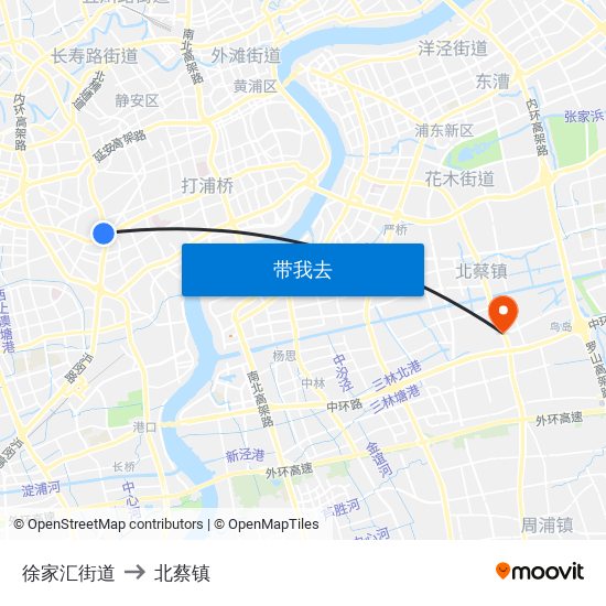 徐家汇街道 to 北蔡镇 map