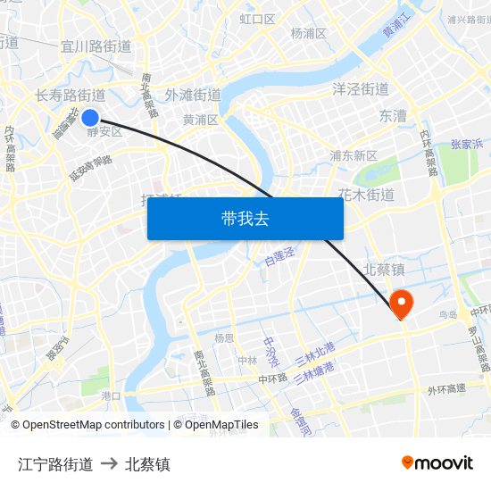 江宁路街道 to 北蔡镇 map