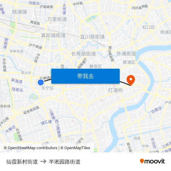 仙霞新村街道 to 半淞园路街道 map