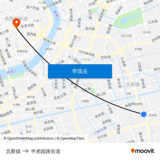 北蔡镇 to 半淞园路街道 map