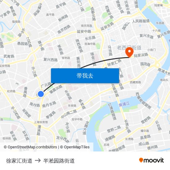 徐家汇街道 to 半淞园路街道 map