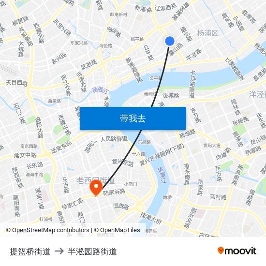 提篮桥街道 to 半淞园路街道 map