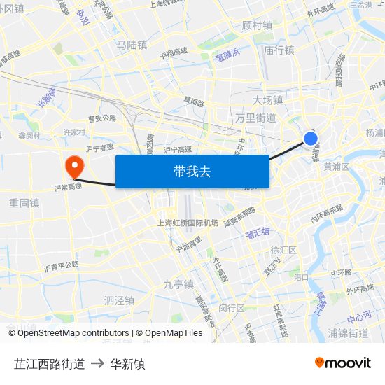 芷江西路街道 to 华新镇 map