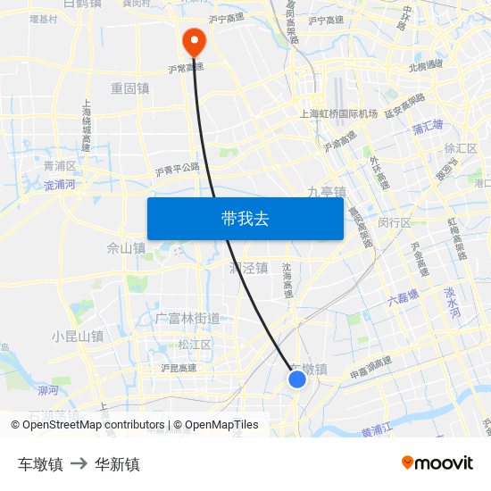 车墩镇 to 华新镇 map