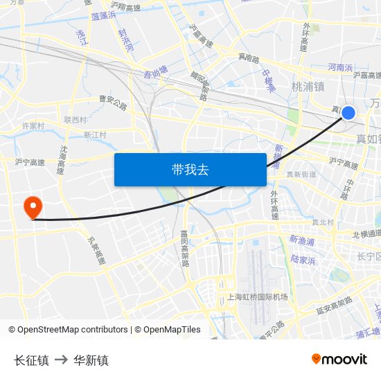 长征镇 to 华新镇 map
