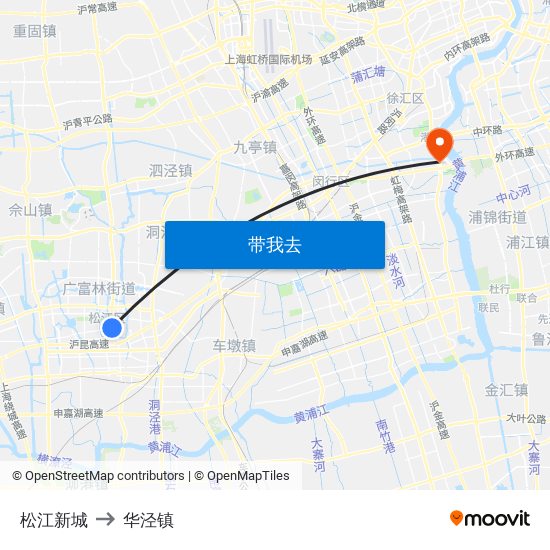 松江新城 to 华泾镇 map