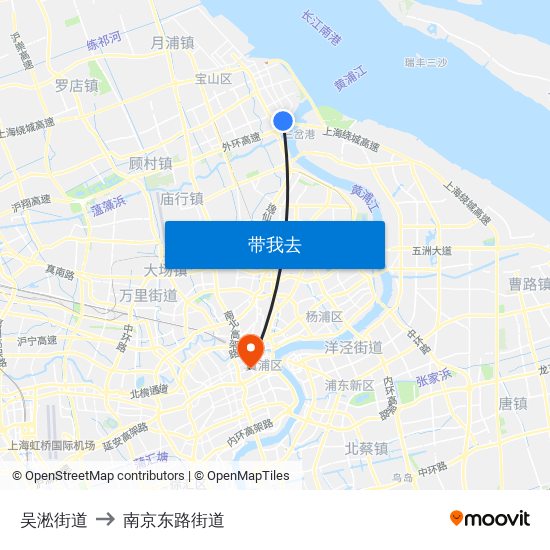 吴淞街道 to 南京东路街道 map