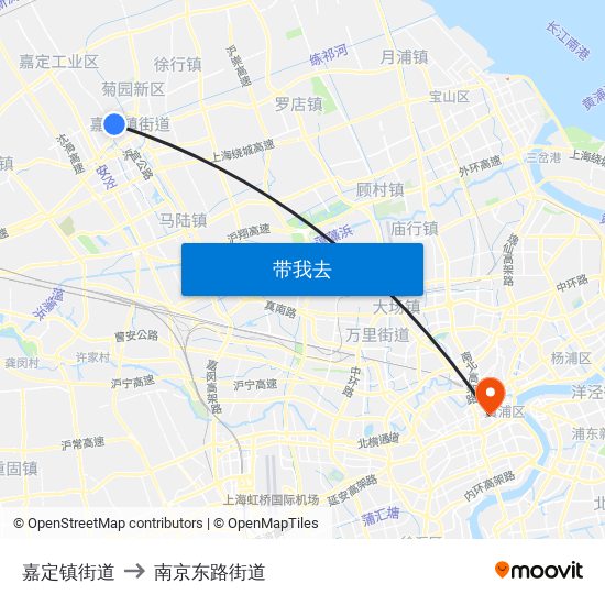 嘉定镇街道 to 南京东路街道 map