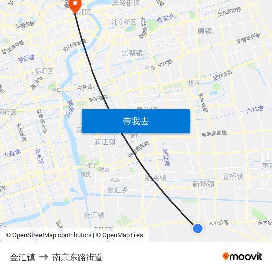 金汇镇 to 南京东路街道 map