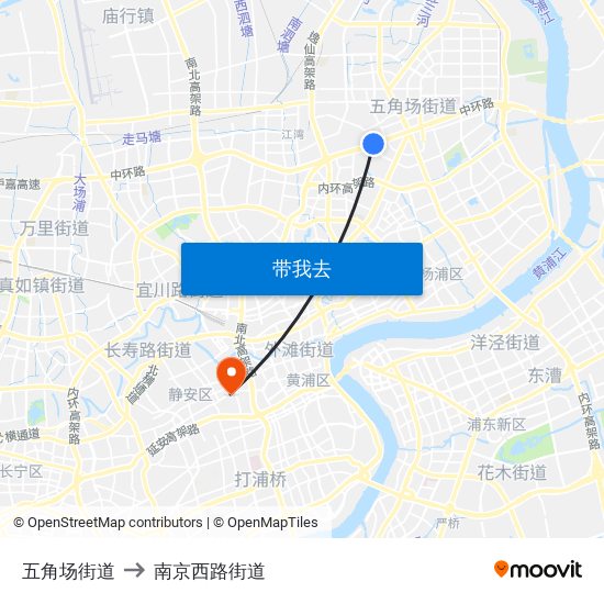 五角场街道 to 南京西路街道 map