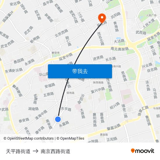天平路街道 to 南京西路街道 map