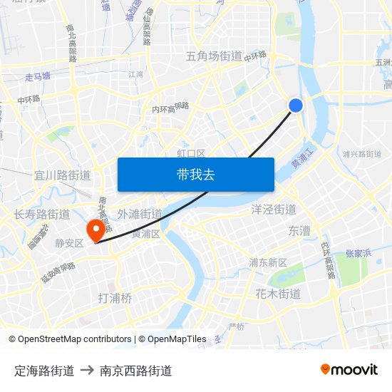 定海路街道 to 南京西路街道 map