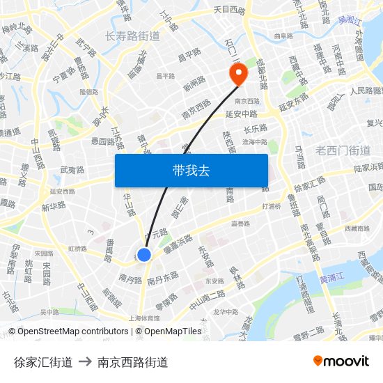 徐家汇街道 to 南京西路街道 map