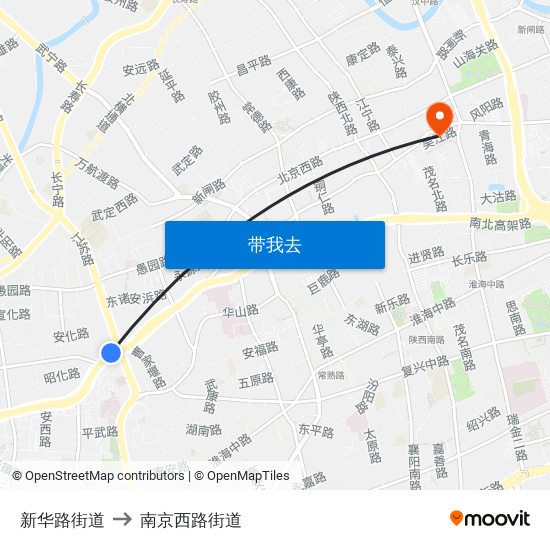 新华路街道 to 南京西路街道 map