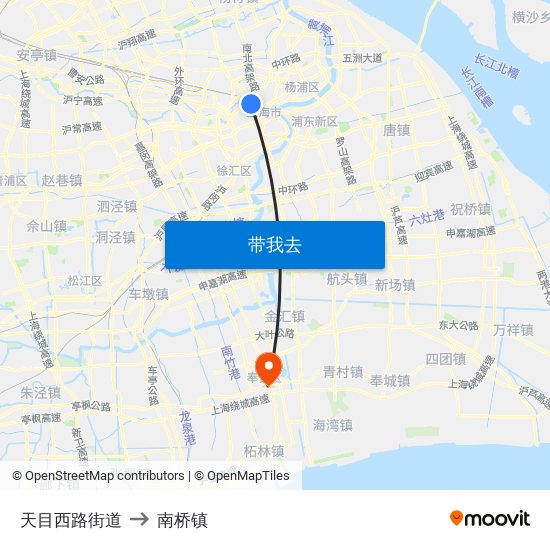 天目西路街道 to 南桥镇 map