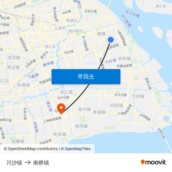 川沙镇 to 南桥镇 map