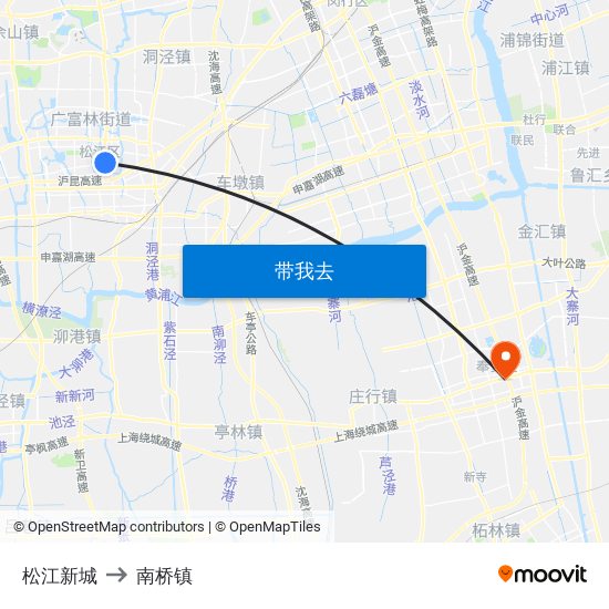 松江新城 to 南桥镇 map