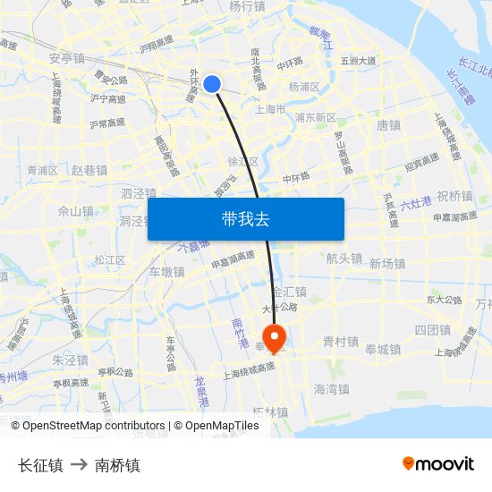 长征镇 to 南桥镇 map