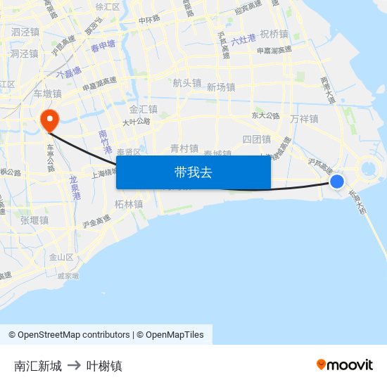 南汇新城 to 叶榭镇 map