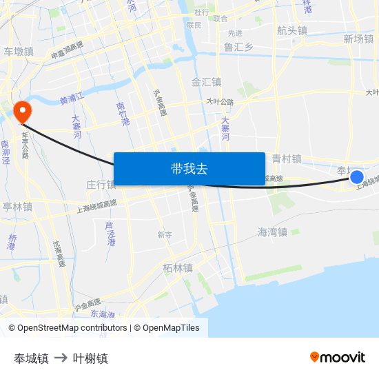 奉城镇 to 叶榭镇 map