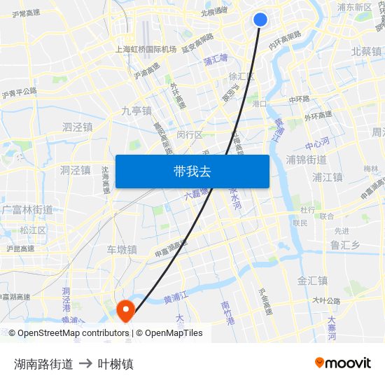 湖南路街道 to 叶榭镇 map