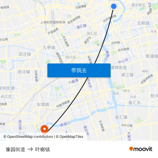 豫园街道 to 叶榭镇 map