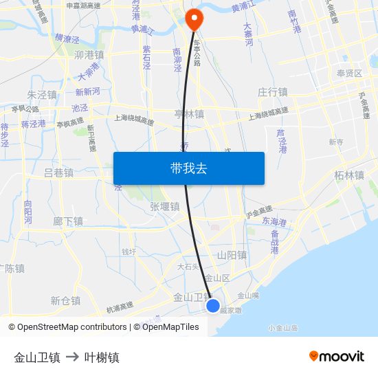 金山卫镇 to 叶榭镇 map