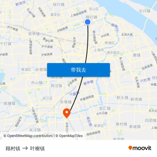 顾村镇 to 叶榭镇 map