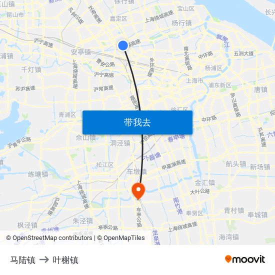 马陆镇 to 叶榭镇 map